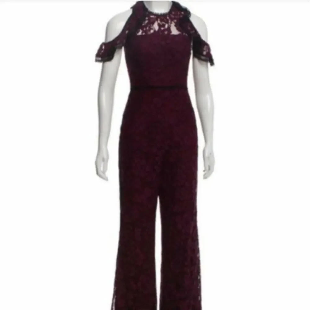 NWOT Alexis burgundy and black lace jumpsuit off shoulder holiday size X small